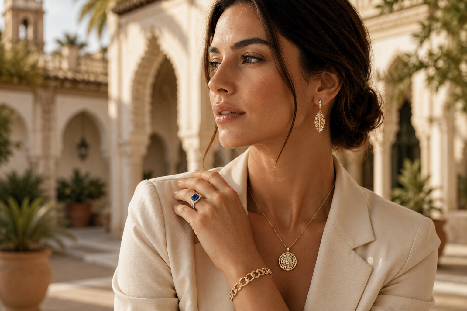 Modelo luciendo joyas de plata de ley 925, oro de 18 quilates y acero waterproof | Babu Joyas